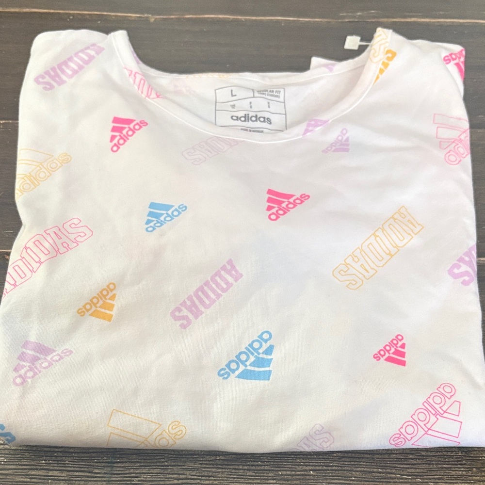 Adidas White Shirt with Colorful Logo Pattern